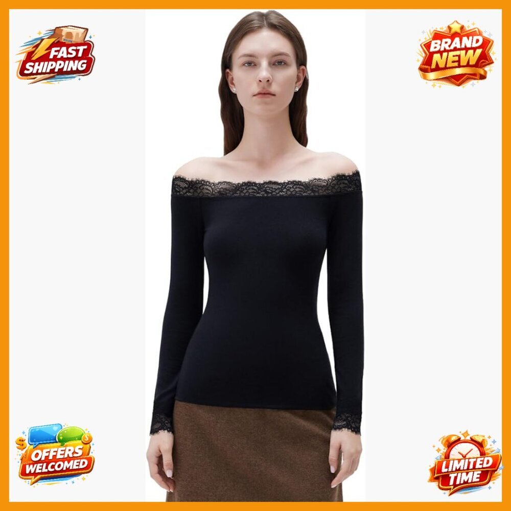 Cashmere Modal Long Sleeve Off Shoulder Lace Trim Fitted Knit Top